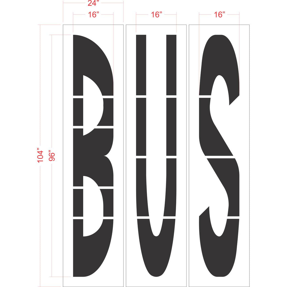 96 inch BUS stencil for bus lane, transit zone, and roadway pavement striping applications