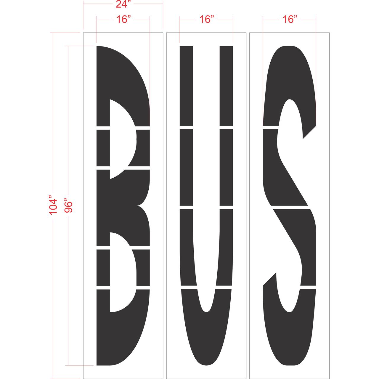 96 inch BUS stencil for bus lane, transit zone, and roadway pavement striping applications