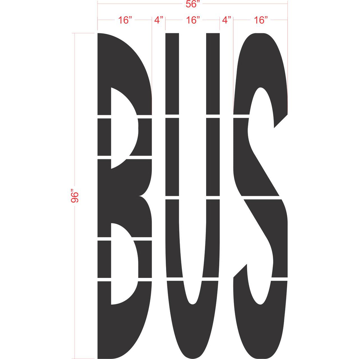 96 inch BUS stencil for bus lane, transit zone, and roadway pavement striping applications