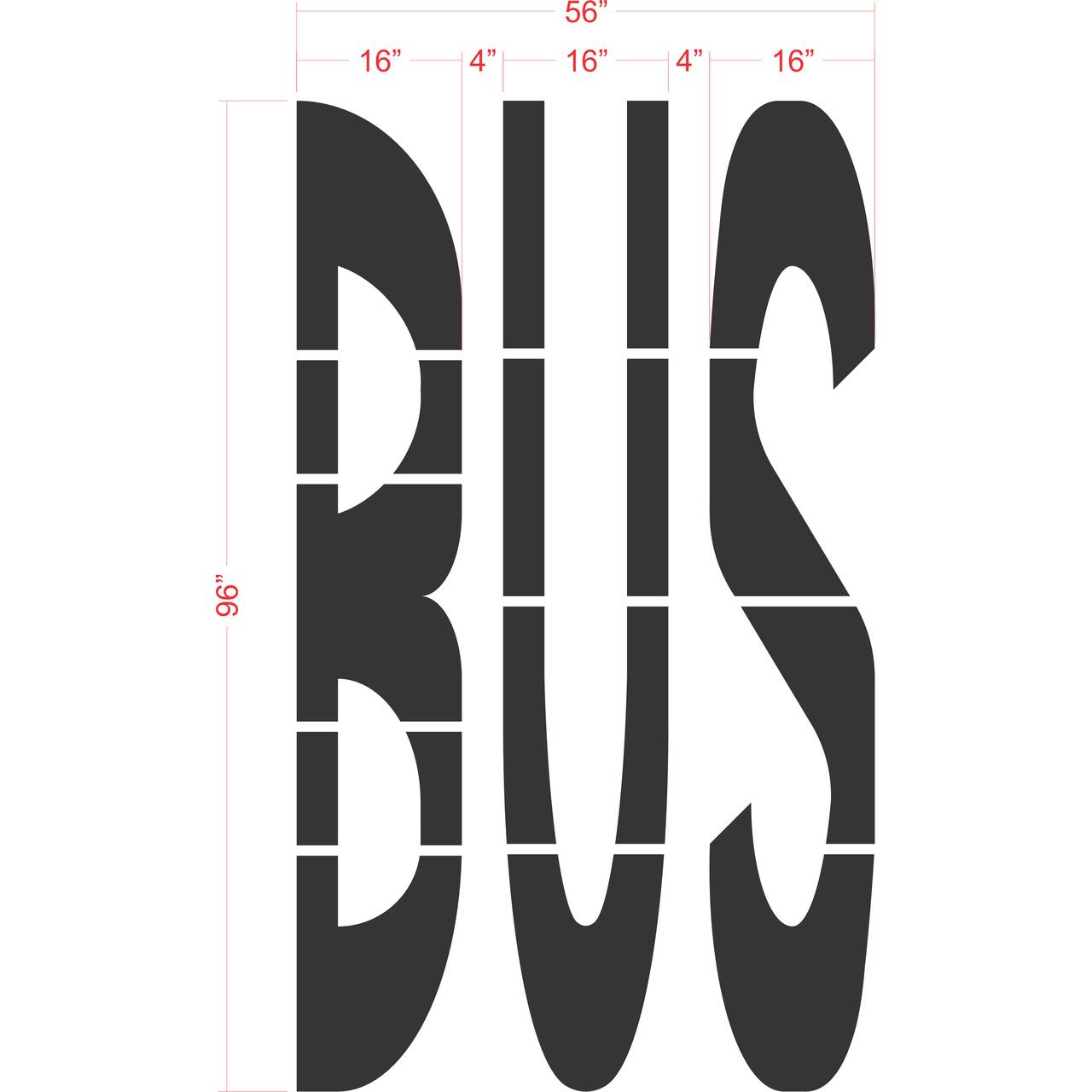 96 inch BUS stencil for bus lane, transit zone, and roadway pavement striping applications