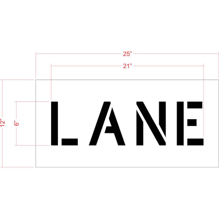 6 inch LANE stencil for roadway, parking lot, and curb pavement marking applications