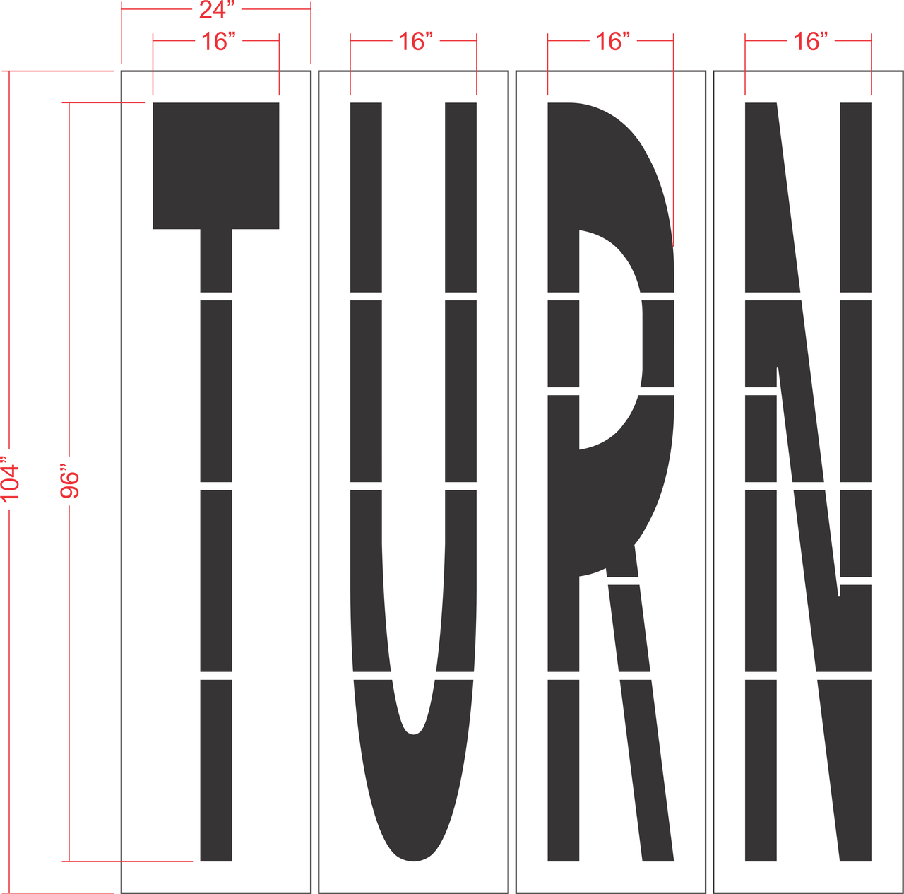 96 inch TURN stencil for large-format roadway and parking lot directional pavement striping applications