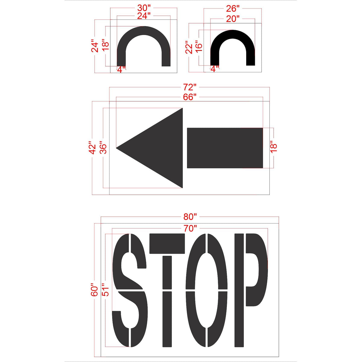 4 piece Costco stencil kit for retail parking lot and commercial pavement marking applications