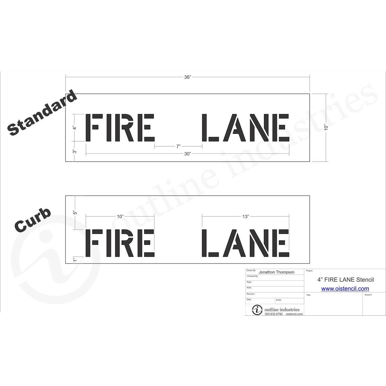 4 inch FIRE LANE stencil for curb, parking lot, and municipal pavement marking applications