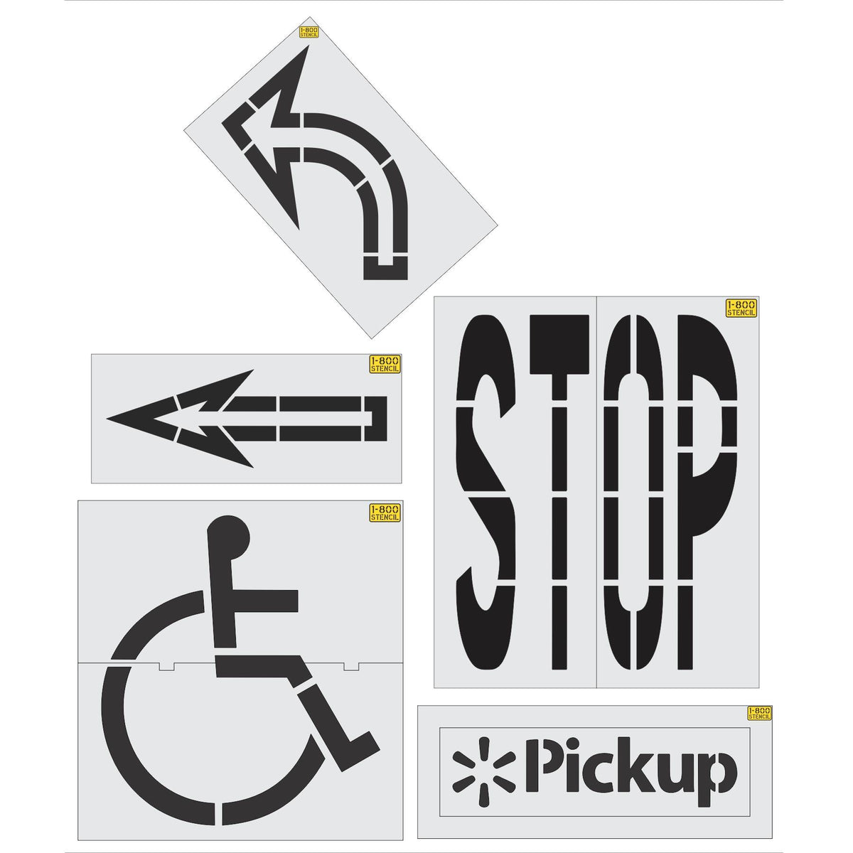 5 piece Walmart striping stencil kit for retail parking lot and commercial pavement marking applications