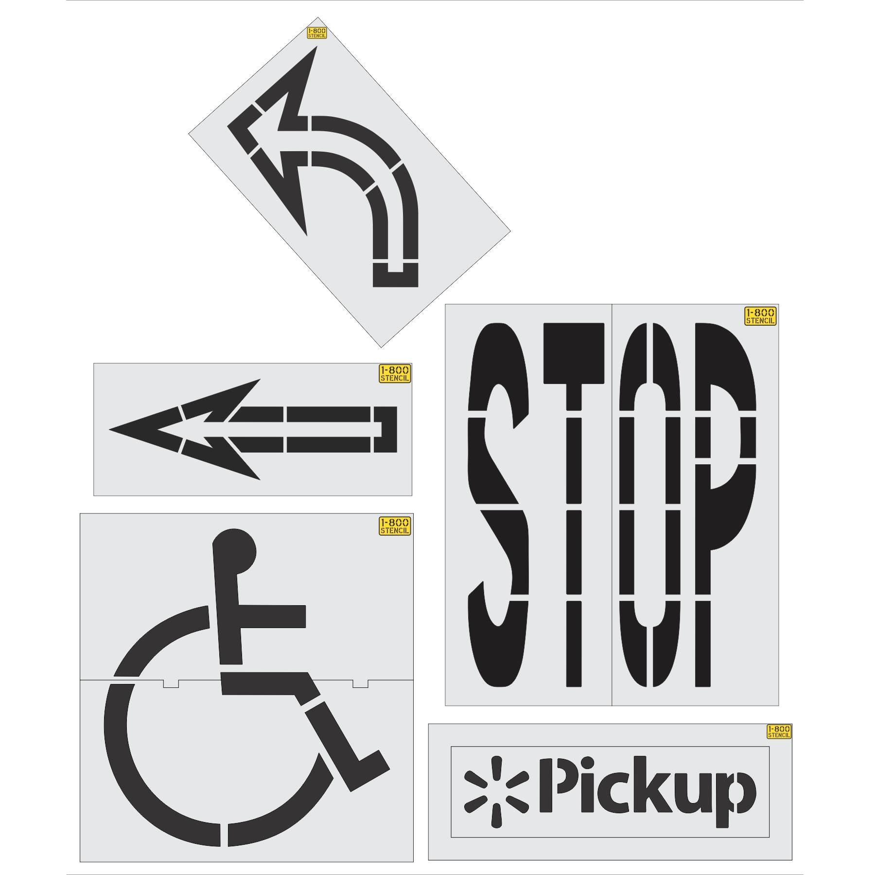 5 piece Walmart striping stencil kit for retail parking lot and commercial pavement marking applications