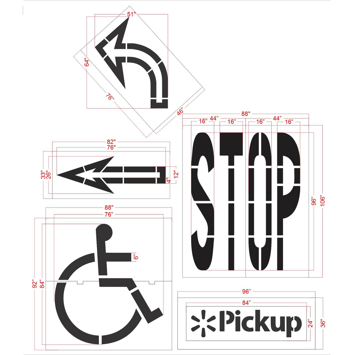 5 piece Walmart striping stencil kit for retail parking lot and commercial pavement marking applications