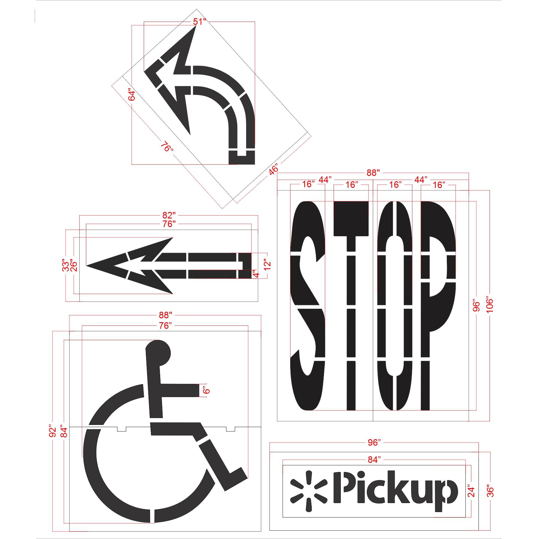 5 piece Walmart striping stencil kit for retail parking lot and commercial pavement marking applications