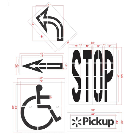 5 piece Walmart striping stencil kit for retail parking lot and commercial pavement marking applications
