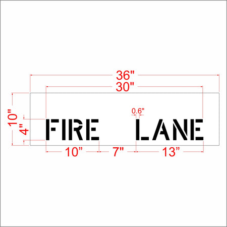 A dimension diagram of a rectangular sign reading “FIRE LANE” in black block letters, with red measurement lines and labels showing width and height measurements on a white background.