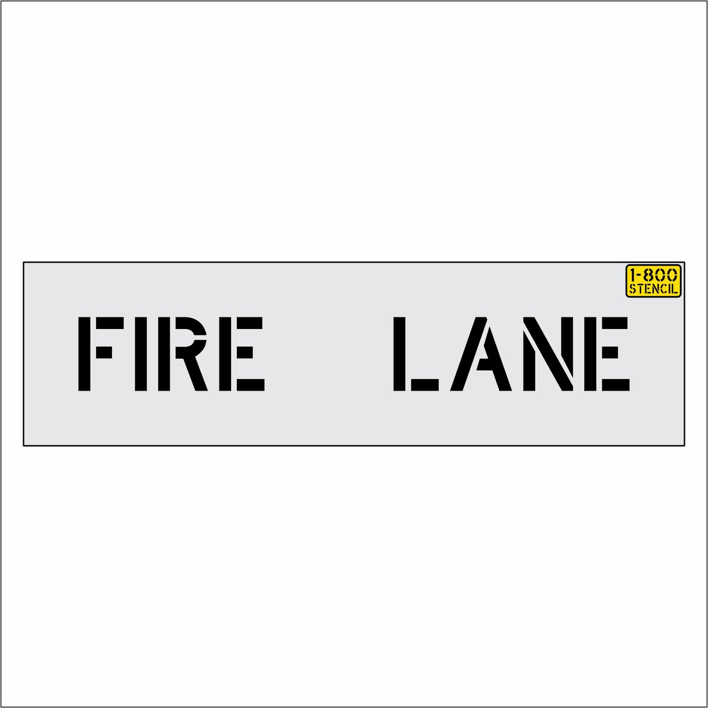 A rectangular stencil decal with the words 'FIRE LANE' in bold black stencil letters on a light gray background, with a small yellow '1-800-STENCIL' logo in the top-right corner of the stencil.