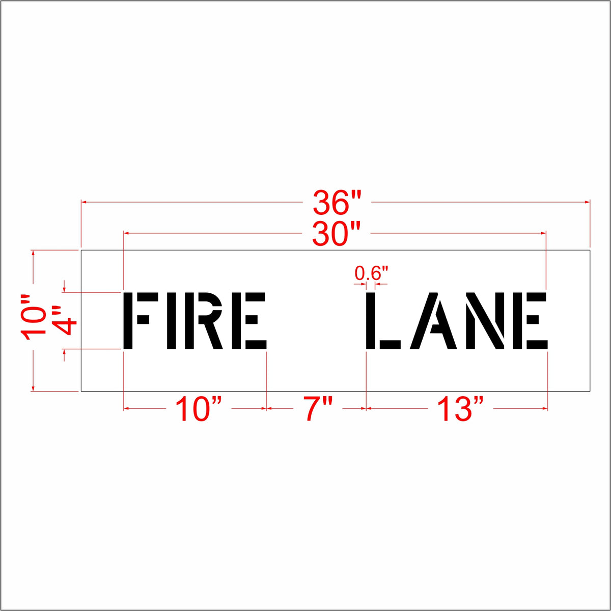 A dimension diagram of a rectangular sign reading “FIRE LANE” in black block letters, with red measurement lines and labels showing width and height measurements on a white background.