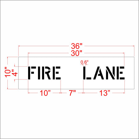 A dimension diagram of a rectangular sign reading “FIRE LANE” in black block letters, with red measurement lines and labels showing width and height measurements on a white background.