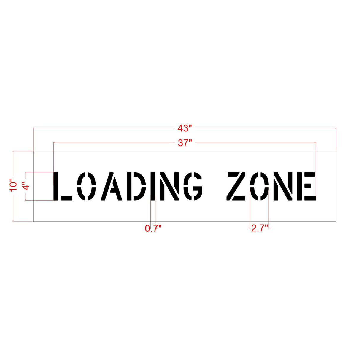 Dimension of 4-inch Standard LOADING ZONE pavement marking stencil for designating loading and unloading areas