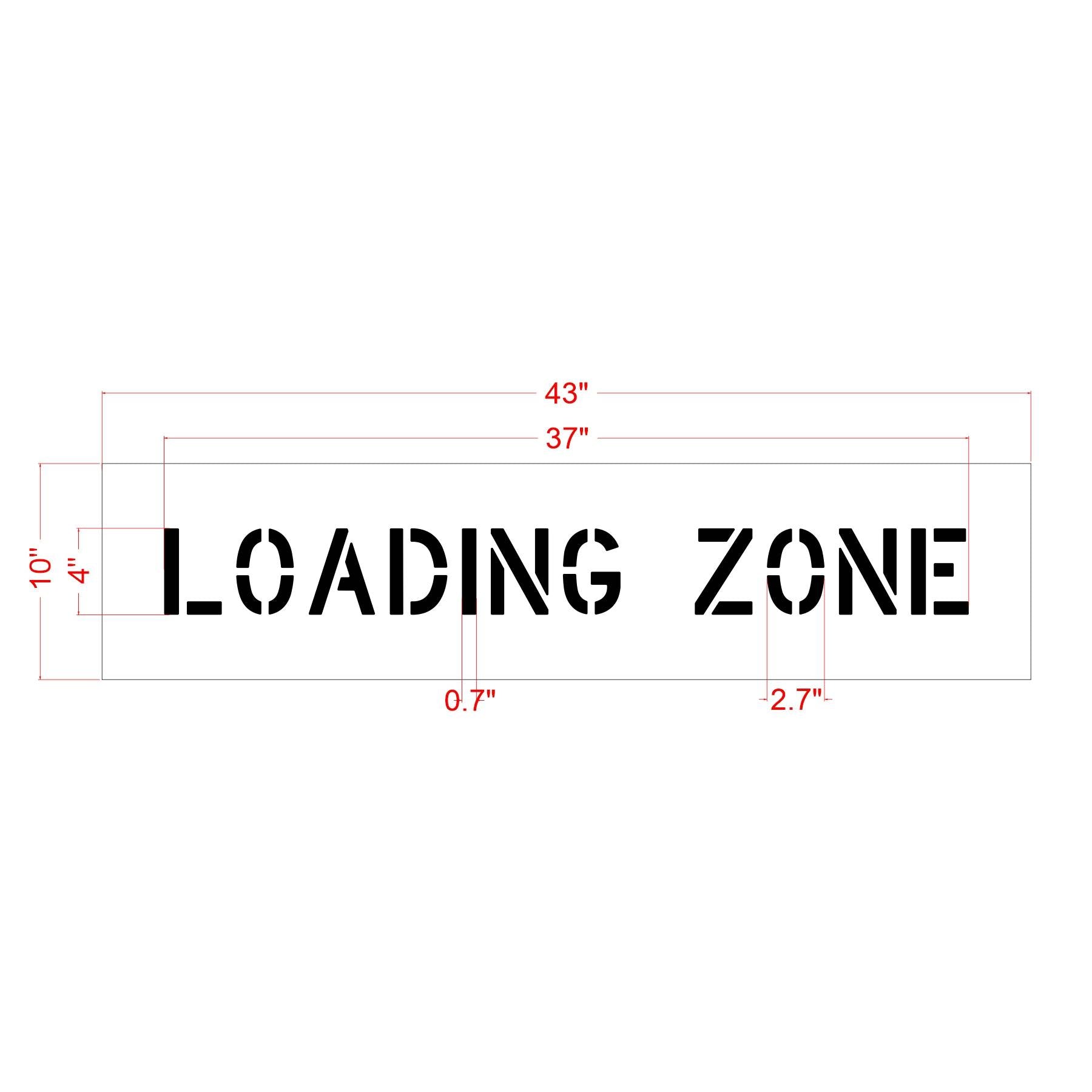 Dimension of 4-inch Standard LOADING ZONE pavement marking stencil for designating loading and unloading areas
