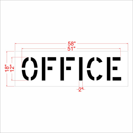 Stencil-style 'OFFICE' sign shown with red dimension lines and measurements on a white background.