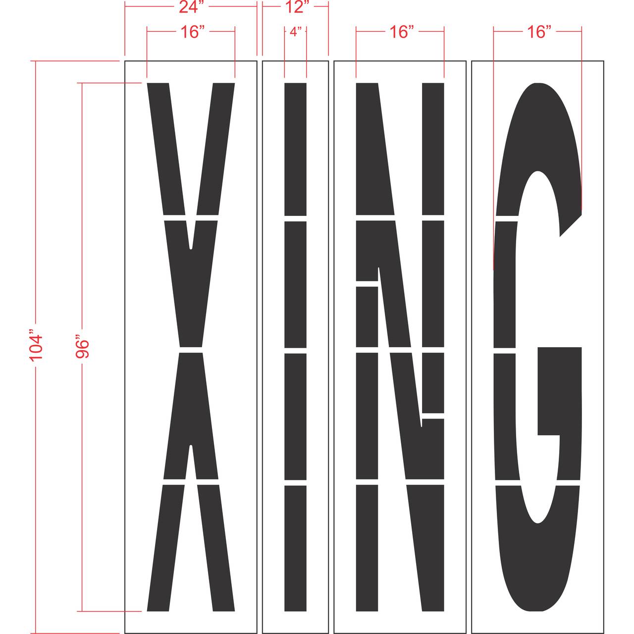 96 inch X ING stencil for roadway and pedestrian crossing pavement marking applications