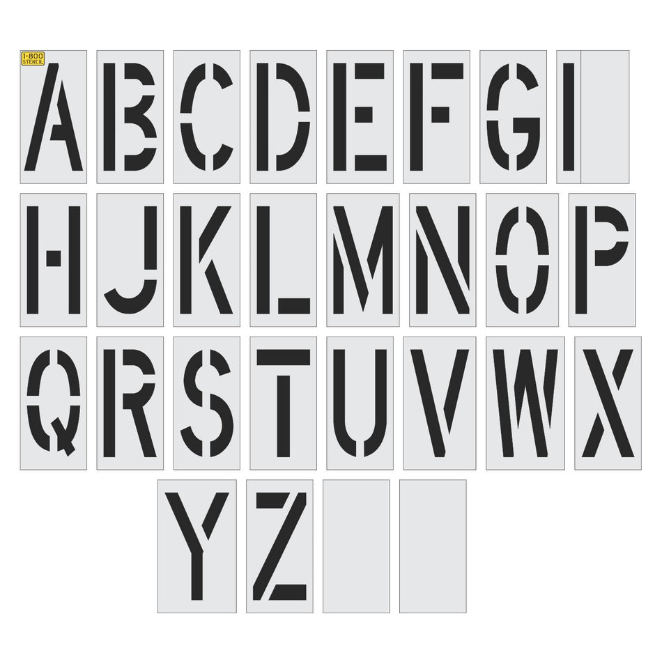18 inch by 9 inch alphabet kit stencil for parking lot, curb, and commercial pavement lettering