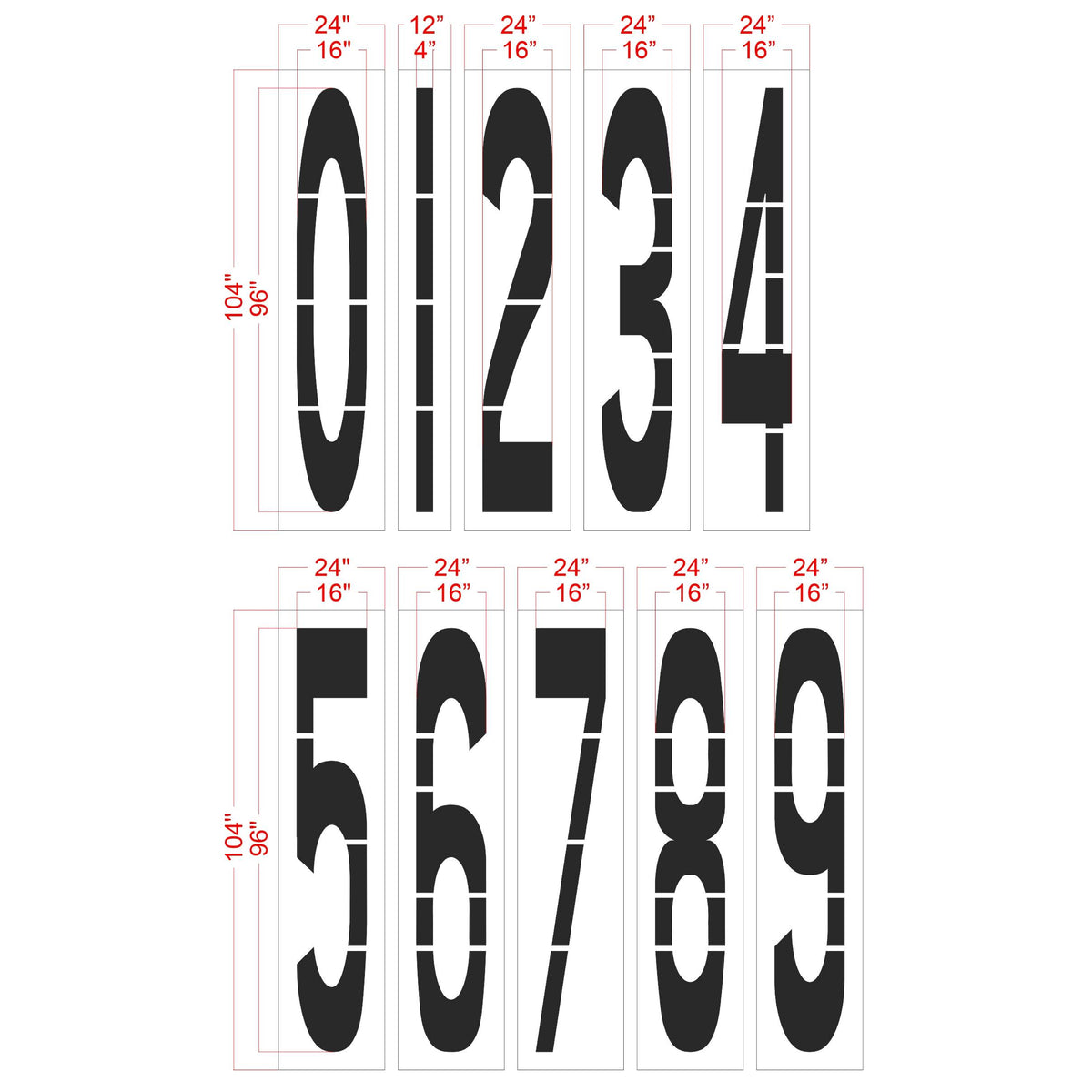 96 inch number stencil kit for roadway, municipal, warehouse, and commercial pavement numbering applications