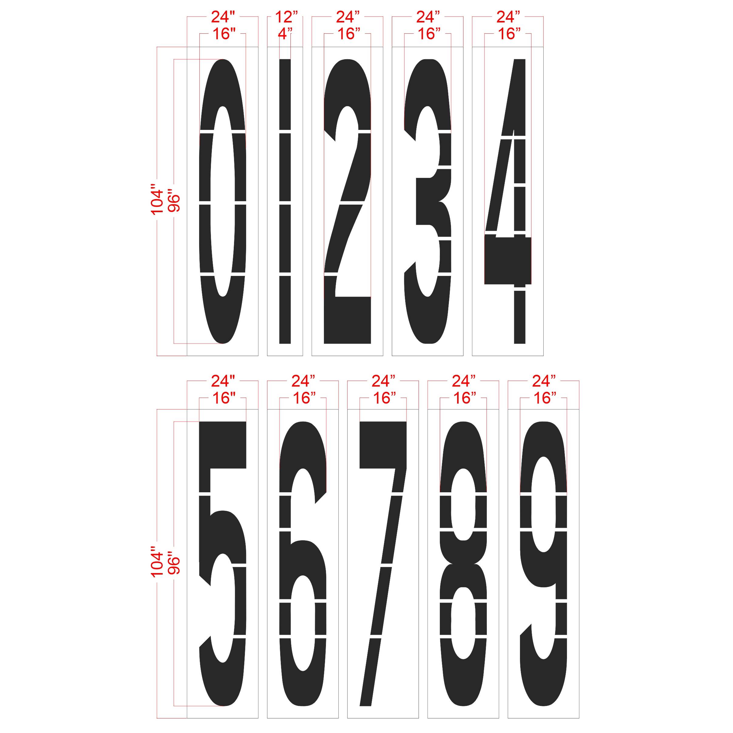 96 inch number stencil kit for roadway, municipal, warehouse, and commercial pavement numbering applications