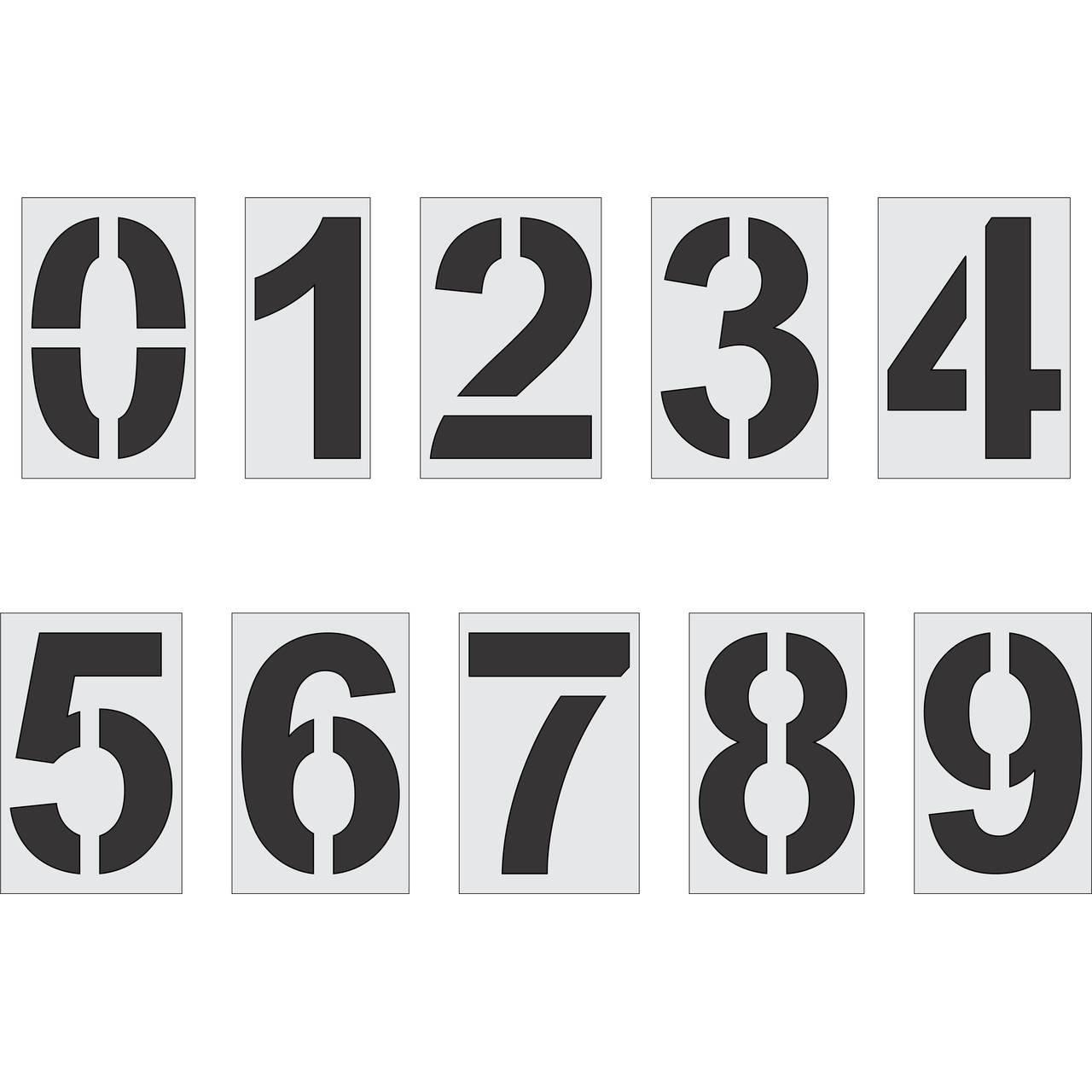 24 inch Arial Bold number stencil kit for parking lot, warehouse, and commercial pavement numbering applications