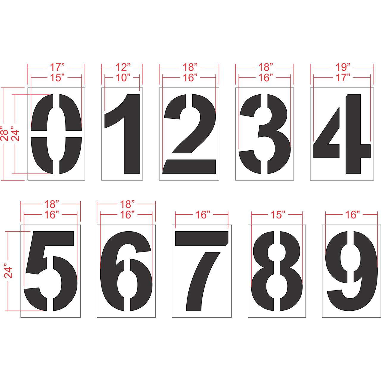 24 inch Arial Bold number stencil kit for parking lot, warehouse, and commercial pavement numbering applications