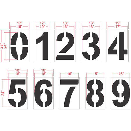 24 inch Arial Bold number stencil kit for parking lot, warehouse, and commercial pavement numbering applications