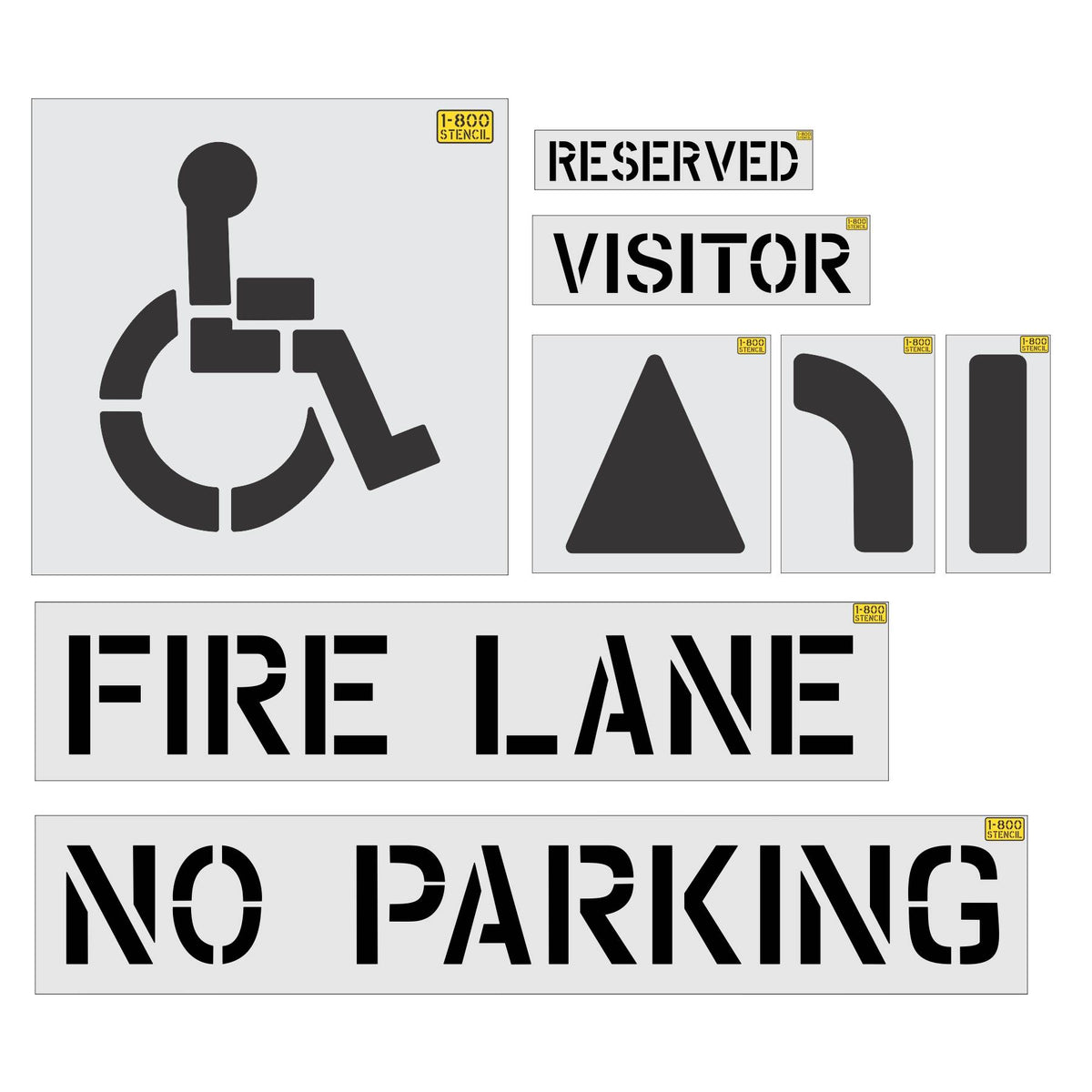 8 piece starter stencil set for basic parking lot pavement marking and traffic control applications