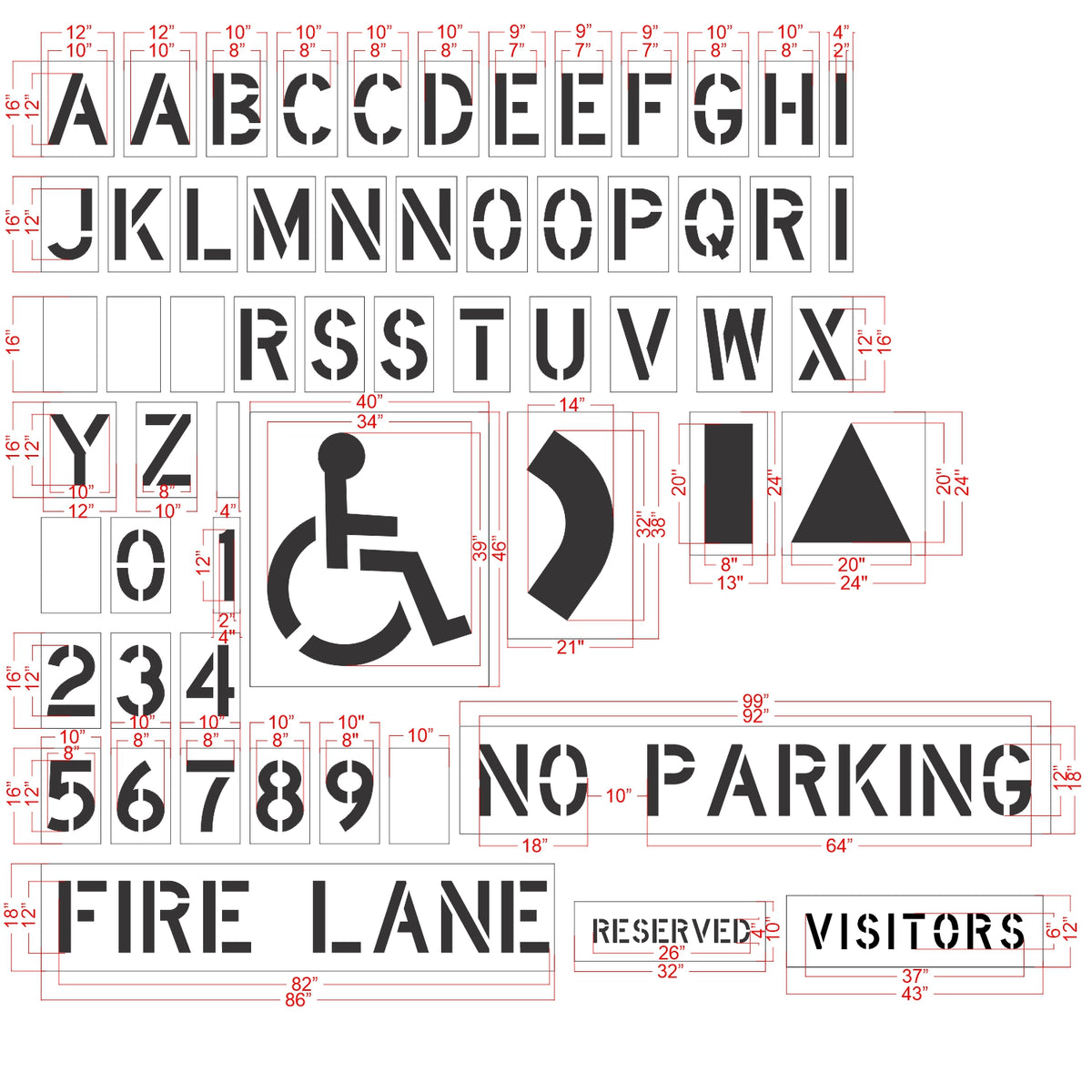 73 piece premium stencil set for complete parking lot pavement marking and traffic control applications