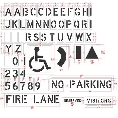 73 piece premium stencil set for complete parking lot pavement marking and traffic control applications