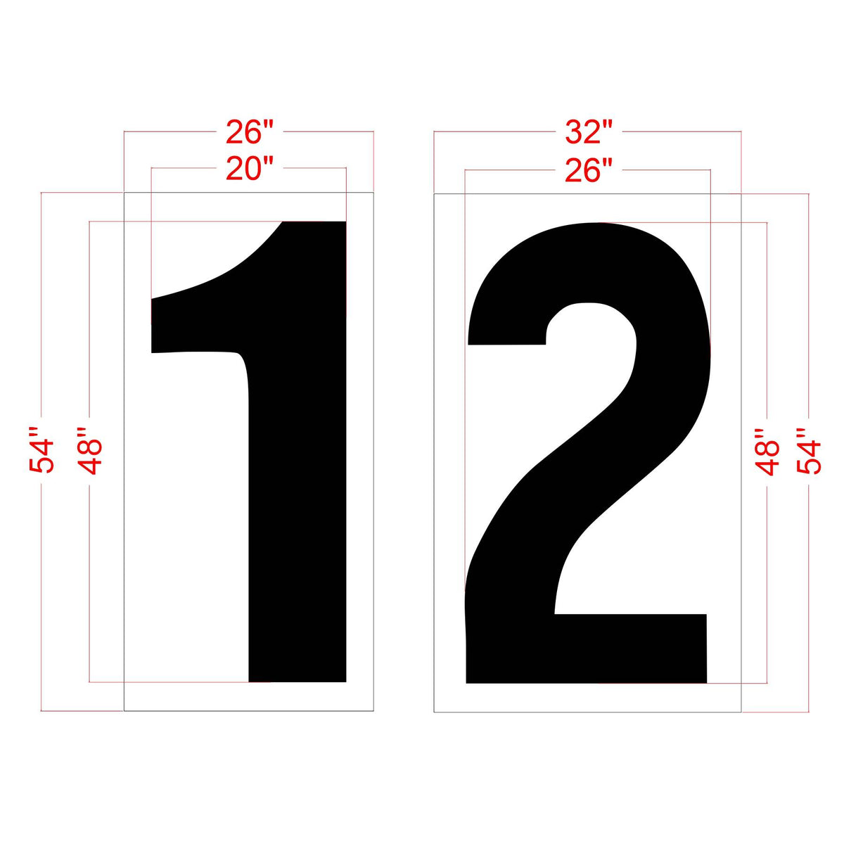 dimension image of 48-inch Domino’s numbers 1 and 2 pavement marking stencil set for parking space identification
