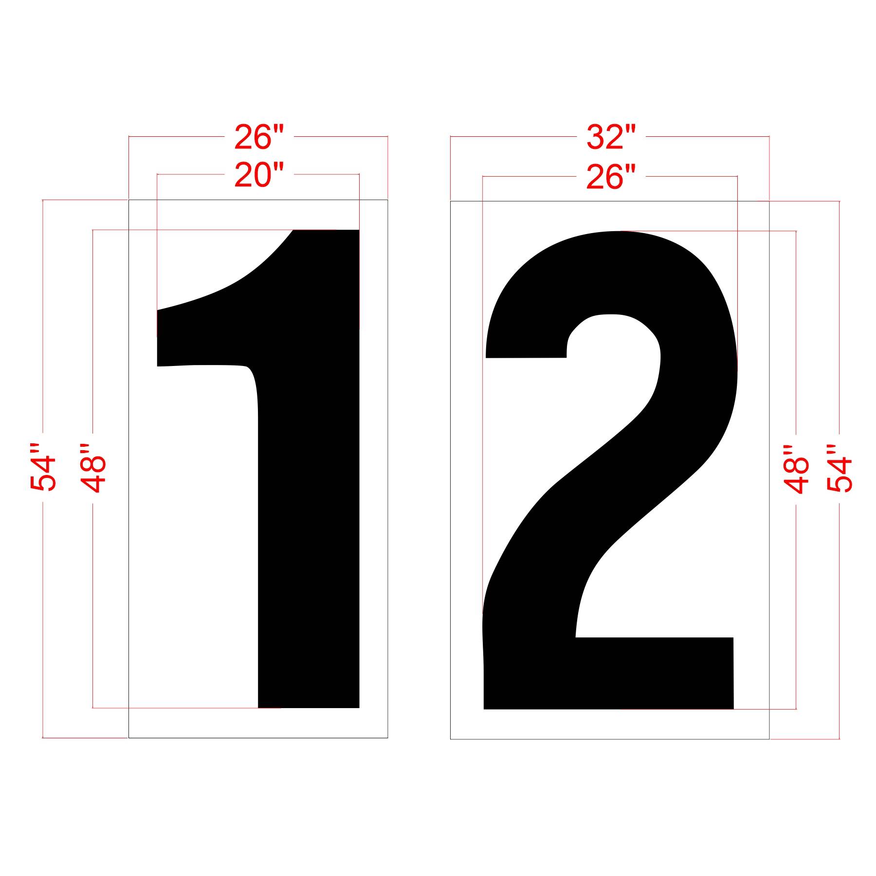 dimension image of 48-inch Domino’s numbers 1 and 2 pavement marking stencil set for parking space identification
