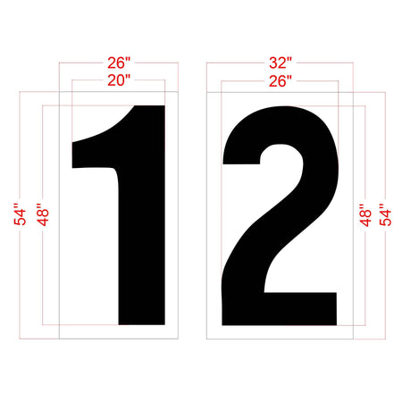 dimension image of 48-inch Domino’s numbers 1 and 2 pavement marking stencil set for parking space identification