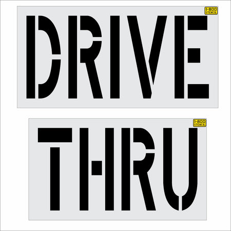 Two rectangular stencil decals reading 'DRIVE' and 'THRU' in bold black lettering on a light gray background, with small yellow '400 STENCIL' labels in the top-right corners of each piece.