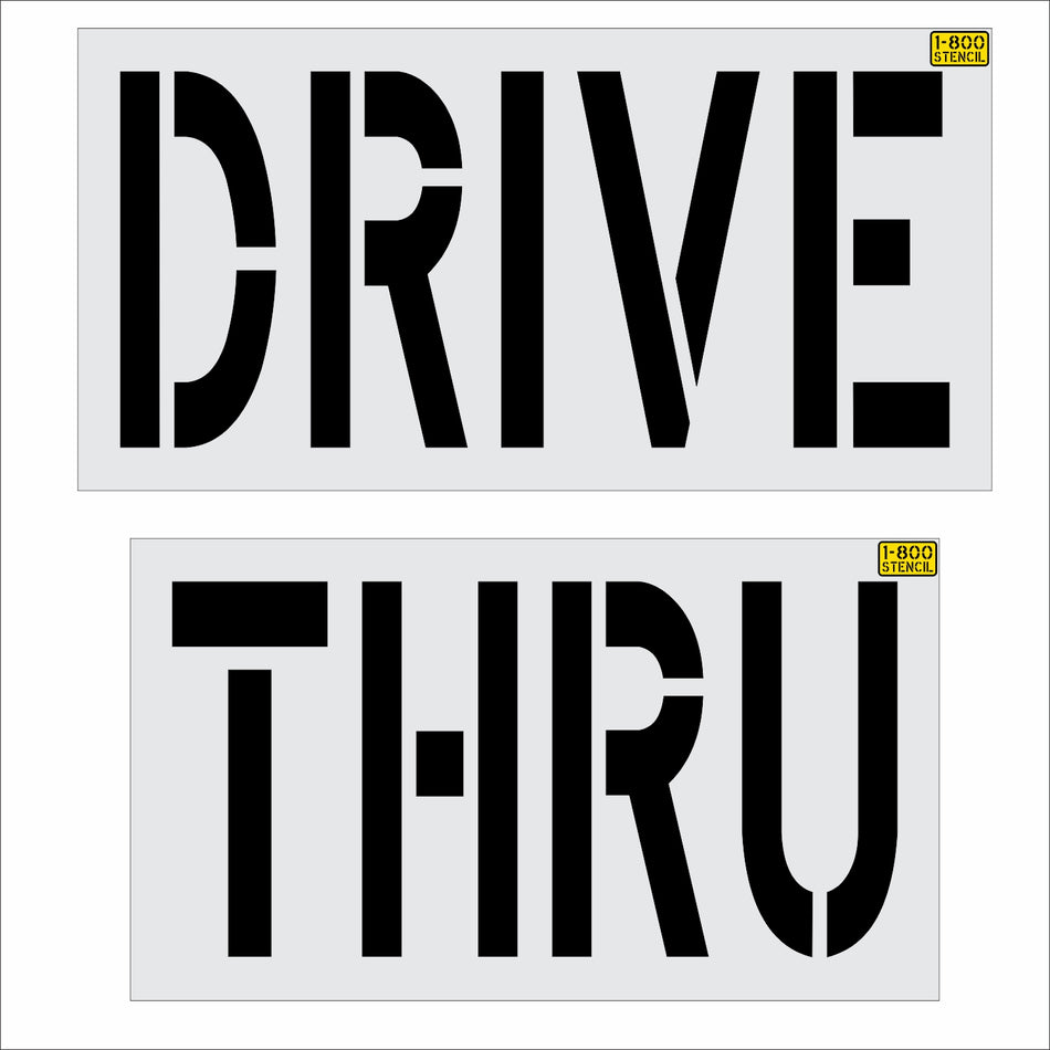 Two rectangular stencil decals reading 'DRIVE' and 'THRU' in bold black lettering on a light gray background, with small yellow '400 STENCIL' labels in the top-right corners of each piece.