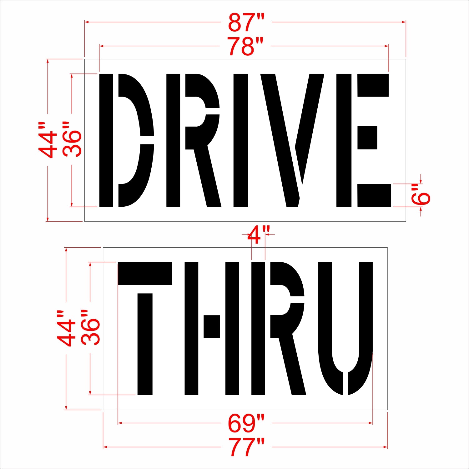 A product dimension diagram showing two black rectangular decals with the words 'DRIVE' and 'THRU' in large stencil-style letters, with red measurement lines and labels indicating width and height dimensions on a white background.