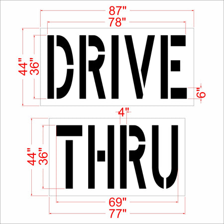 A product dimension diagram showing two black rectangular decals with the words 'DRIVE' and 'THRU' in large stencil-style letters, with red measurement lines and labels indicating width and height dimensions on a white background.