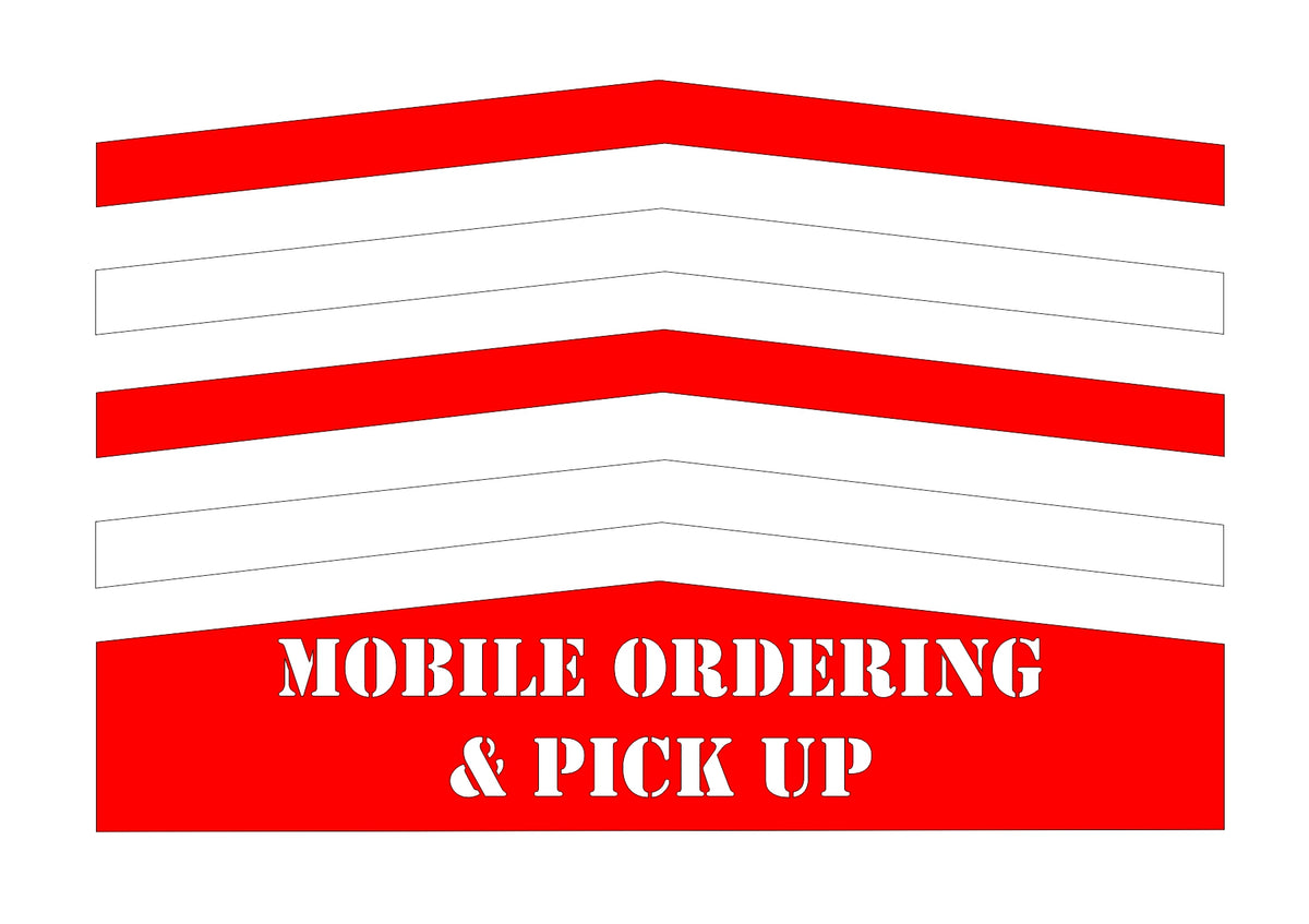 contrast image of 48-inch Sonic chevron pavement marking with 4-inch mobile ordering and pick up stencils for drive-in traffic guidance