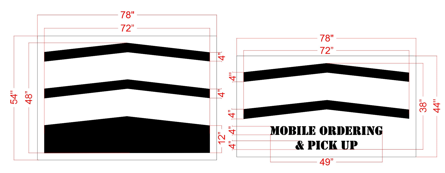 dimension for 48-inch Sonic chevron pavement marking with 4-inch mobile ordering and pick up stencils for drive-in traffic guidance