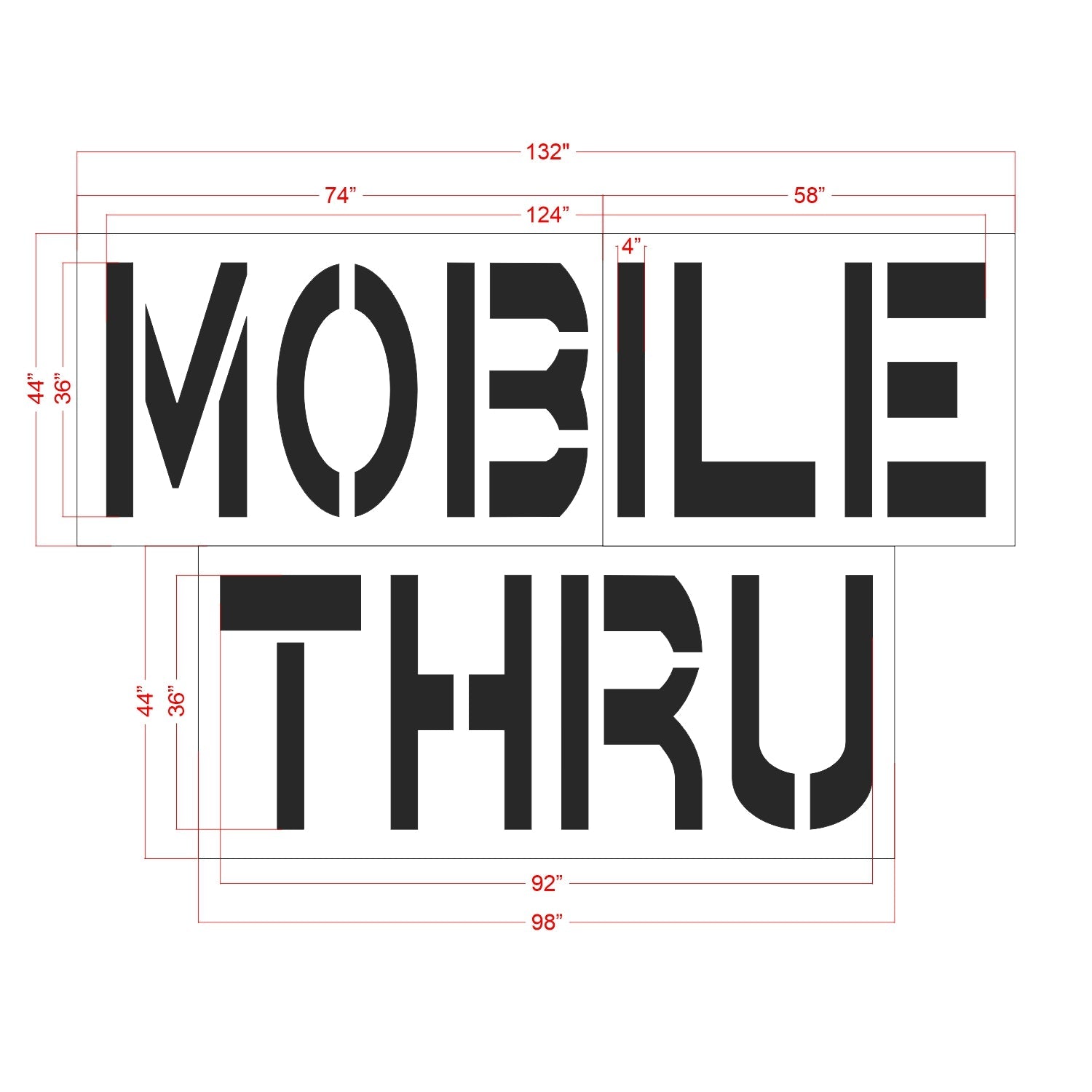 36" Chick-Fil-a MOBILE THRU Stacked Stencil - High-quality stencil for pavement marking, durable and reusable