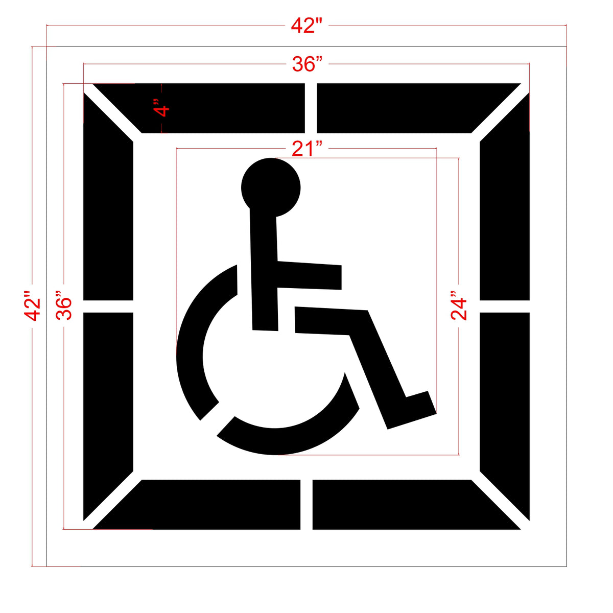 Dimensions of 24 inch California DOT handicap with border stencil for ADA compliant accessible parking lot striping