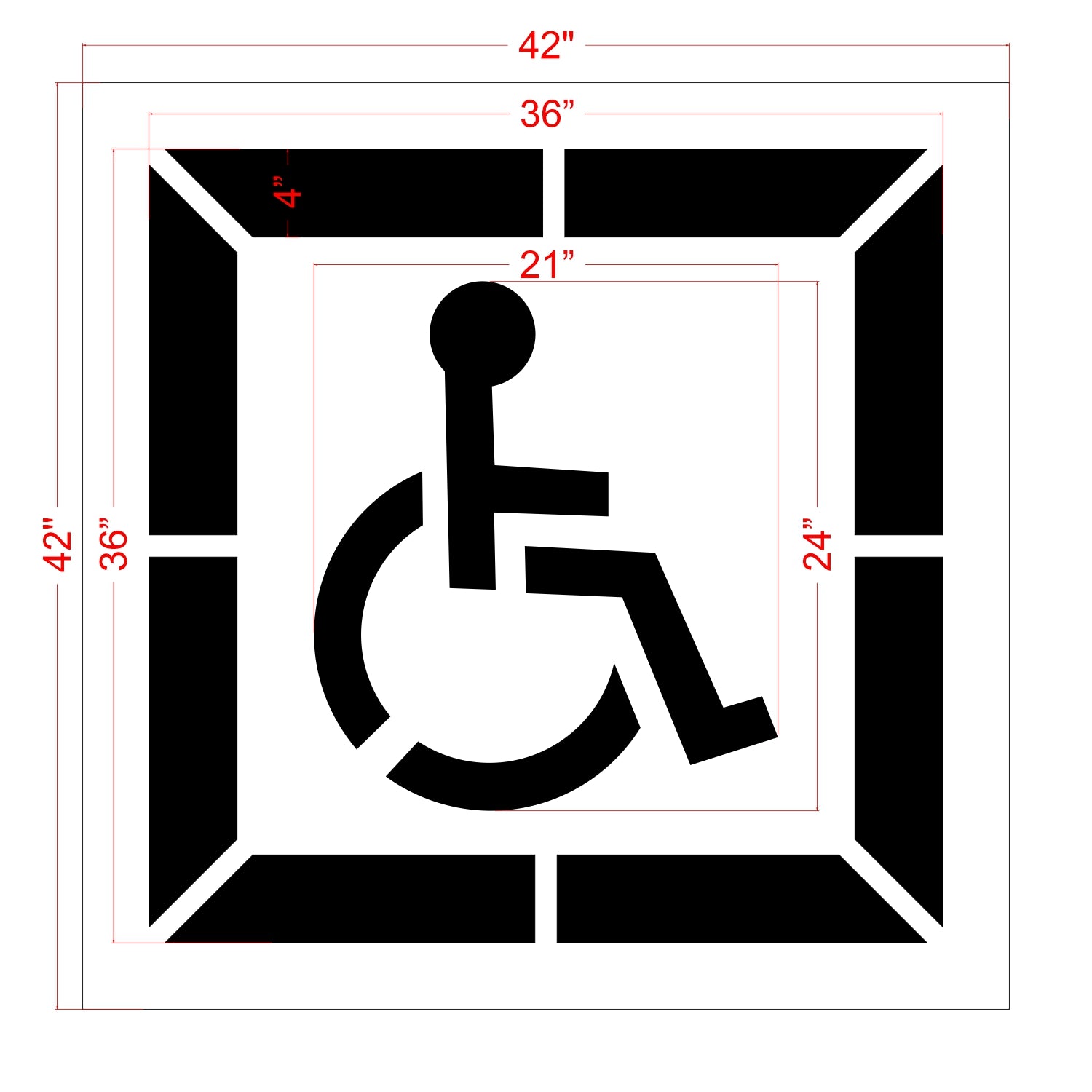 Dimensions of 24 inch California DOT handicap with border stencil for ADA compliant accessible parking lot striping