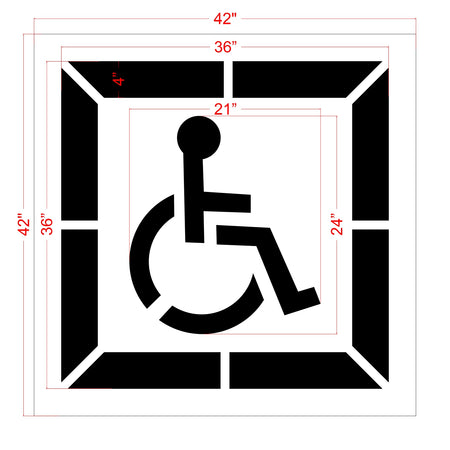 Dimensions of 24 inch California DOT handicap with border stencil for ADA compliant accessible parking lot striping
