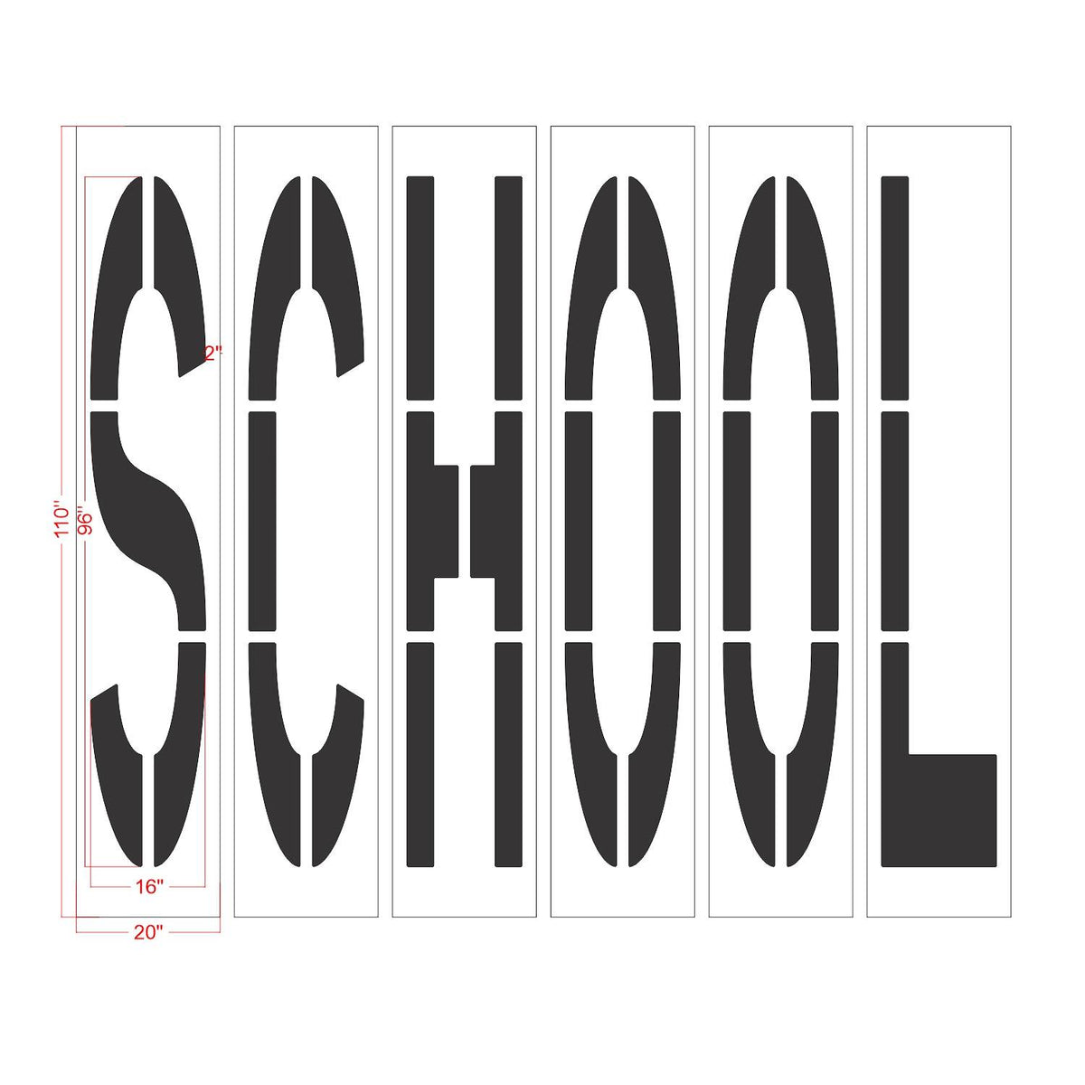 96 inch California DOT SCHOOL wording stencil for school zone roadway pavement striping applications