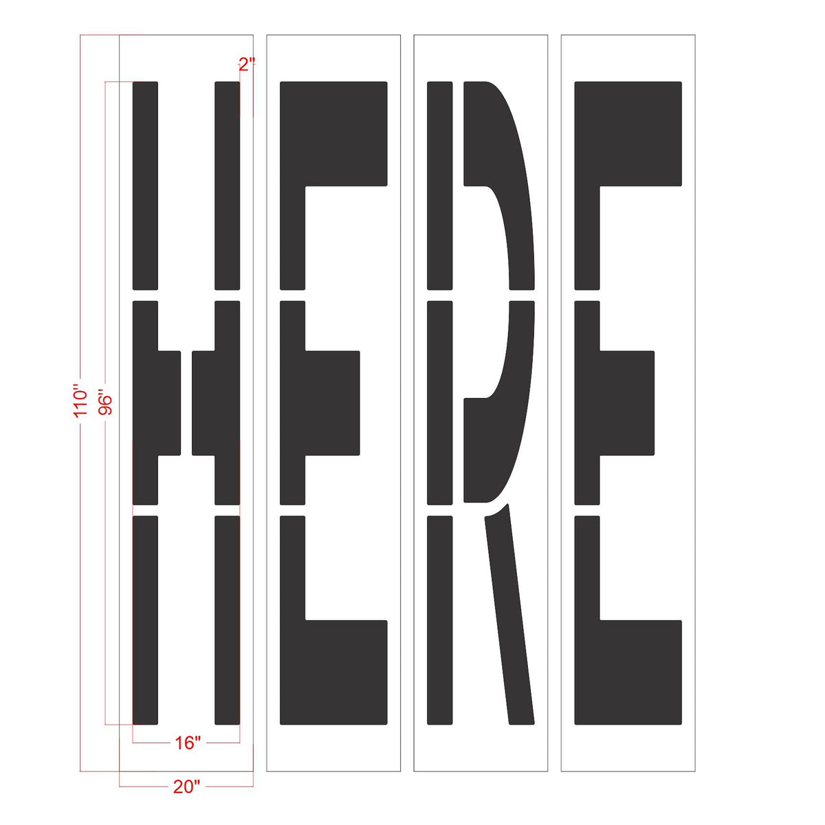 96 inch California DOT HERE wording stencil for STOP HERE and WAIT HERE roadway pavement striping applications