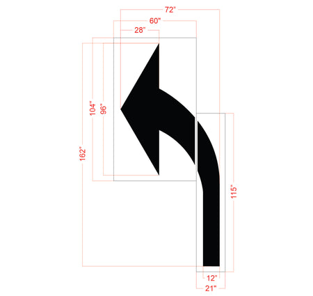 Black left-turn traffic sign with measurements on a white background