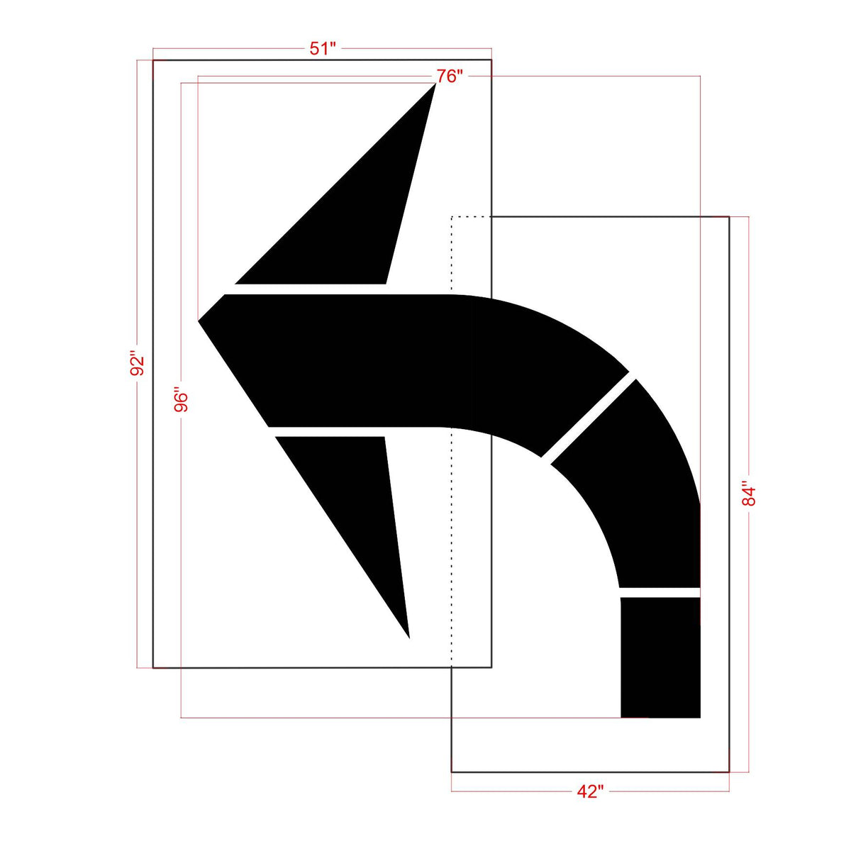 dimension of 96-inch Chicago DOT turn arrow pavement marking stencil for clear intersection direction