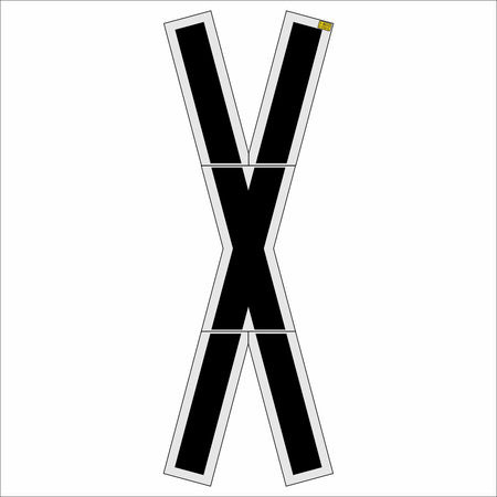 A black and white letter 'X' decal or patch with a small yellow accent at the top right corner, shown on a plain white background.