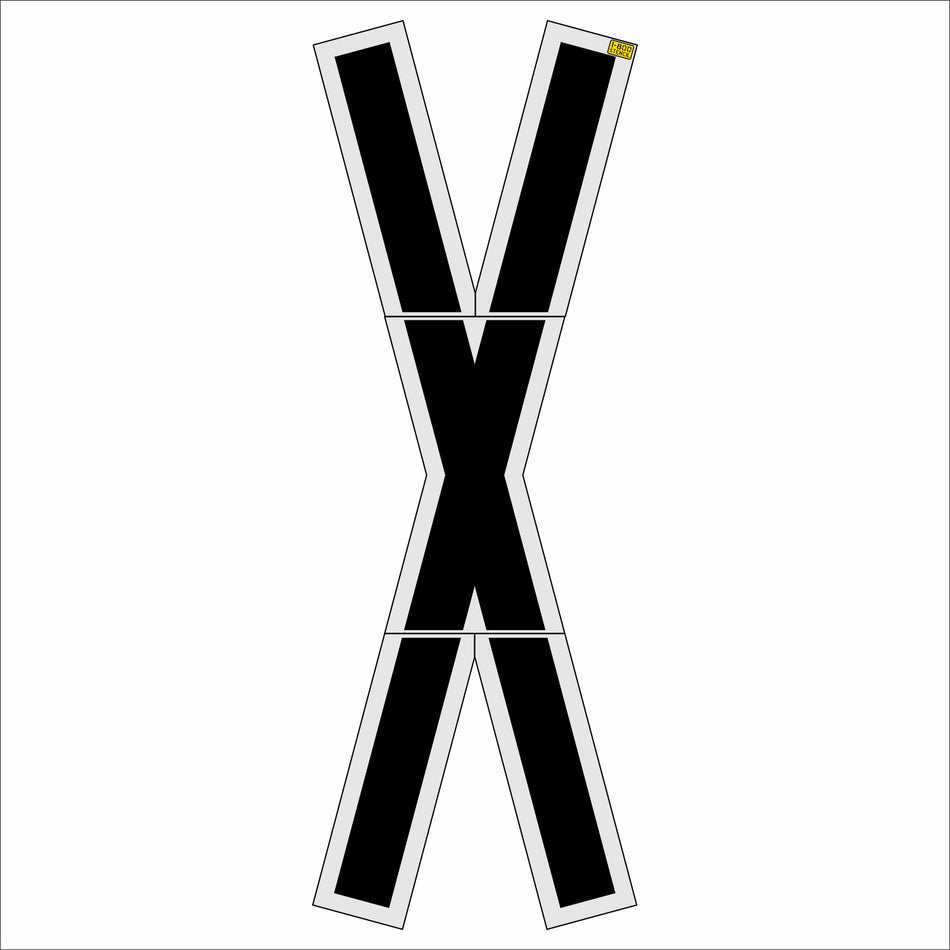 A black and white letter 'X' decal or patch with a small yellow accent at the top right corner, shown on a plain white background.