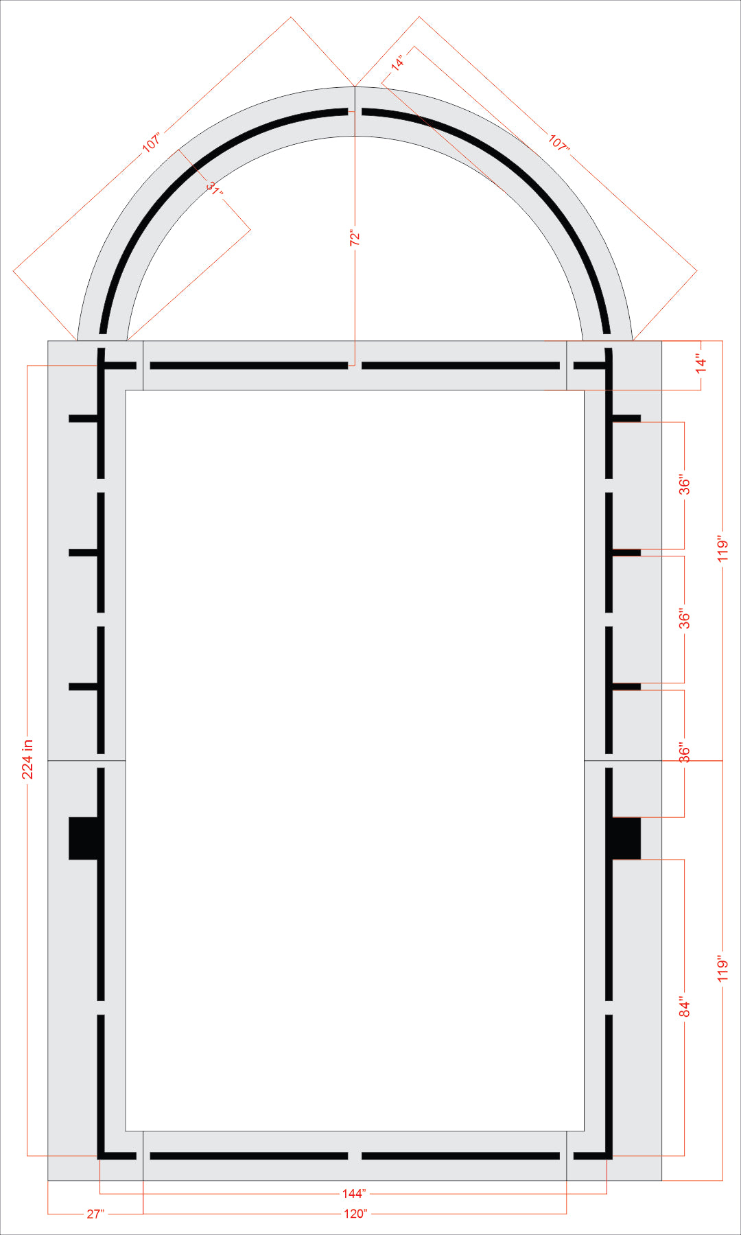 Dimension of 224 inch basketball court key stencil for regulation gym and outdoor sports court striping applications